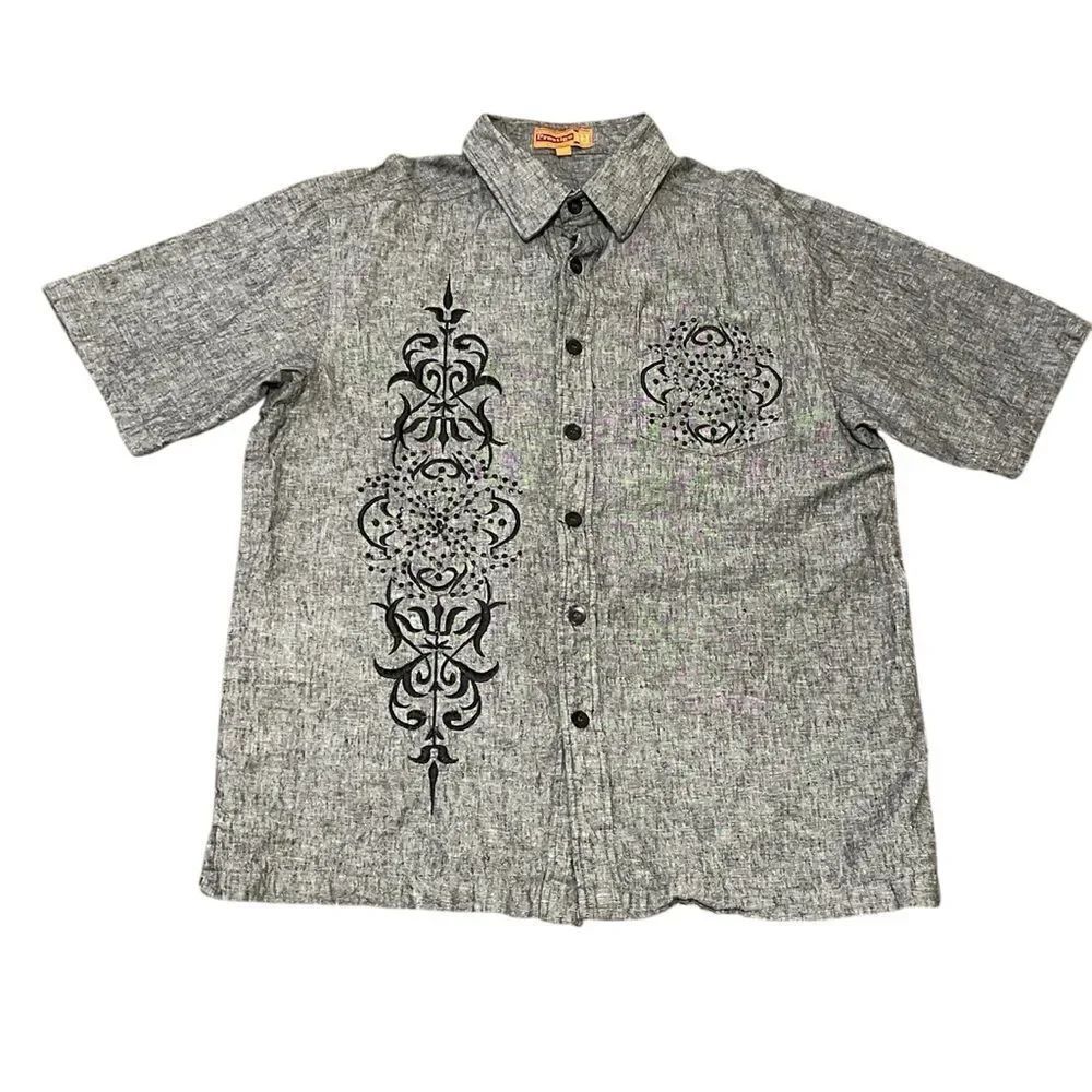 Vintage Royal Prestige Short Sleeved Button Down Embroidered Shirt Gray Black XL